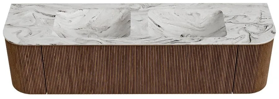 Mondiaz Kurve-dlux 170cm badmeubel ronding links/rechts walnut met 1 lade en 2 deuren en wastafel leaf dubbel 2 kraangaten glace