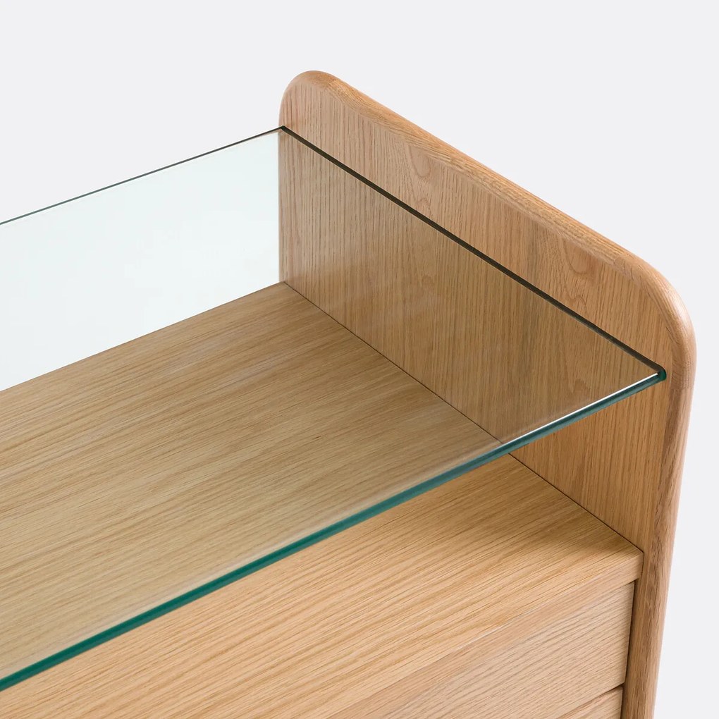 Eiken fineer dressoir, blad van gehard glas, 2 deuren en 3 lades, ERICSON