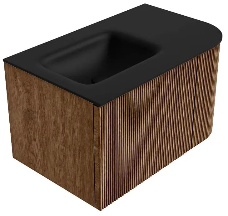 Mondiaz Kurve 75cm badmeubel ronding rechts walnut met 1 lade en deur en wastafel grunne links zonder kraangat urban