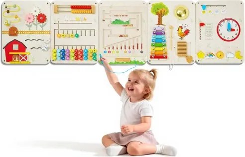 VEVOR Montessori Busy Board 16-in-1 5-delig houten wandbord met bewegende onderdelen, sensorisch leerspeelgoed voor educatie en vroege ontwikkeling voor kleuterschool en thuis, met xylofoon, klok, tandwielen en leerelementen