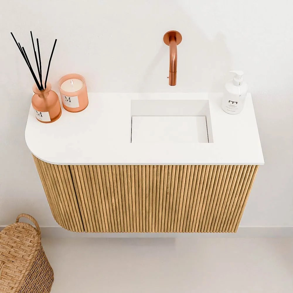 Mondiaz Joya 60cm toiletmeubel ronding links oak met wastafel faye rechts zonder kraangat talc