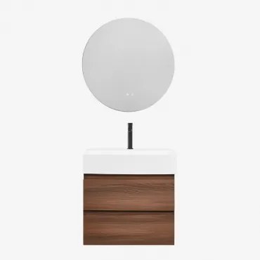 Badkamermeubelset Van Hout En Essenhoutfineer Met Geïntegreerde Wastafel Ona Donker Hout & Round Led And Antifog Ø70 Cm Solyn & - Sklum
