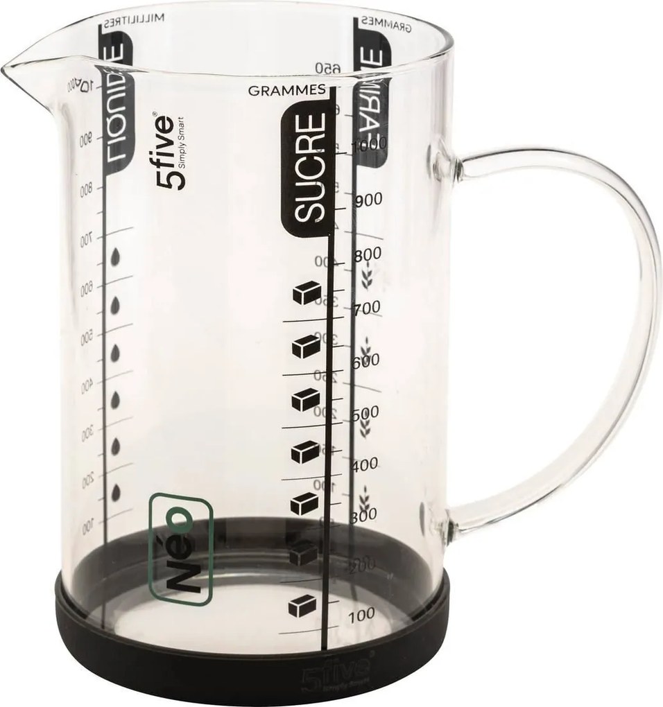 5Five Maatbeker 1L – Glas – Mengbeker met schaalverdeling – Hittebestendig – Transparant