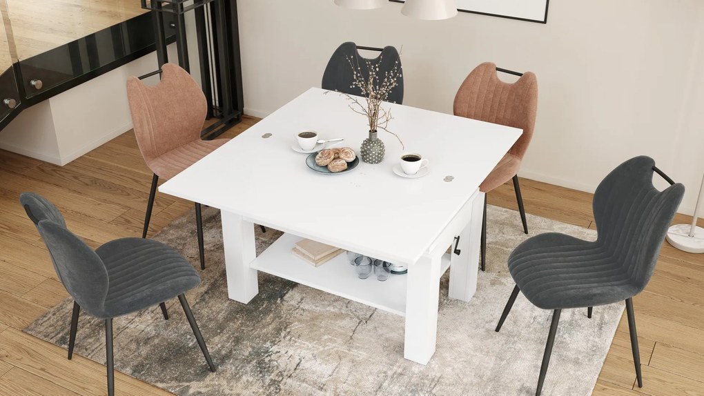 BRAVO wit – uitschuifbare en in hoogte verstelbare salontafel, tafel met plank