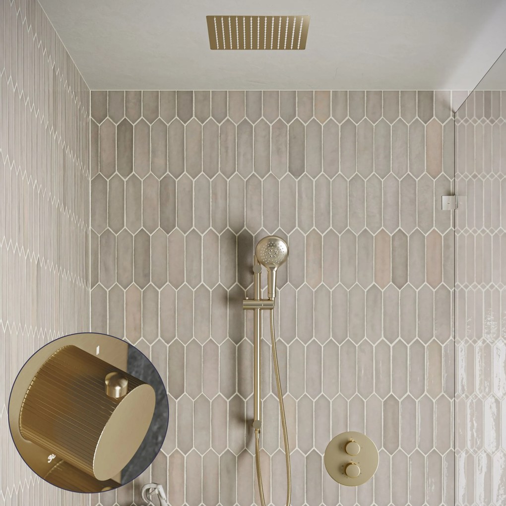 Saniclear Cube Stripes inbouw regendouche rond met inbouw douchekop 30x30cm, glijstang en 2 standen handdouche geborsteld messing - mat goud
