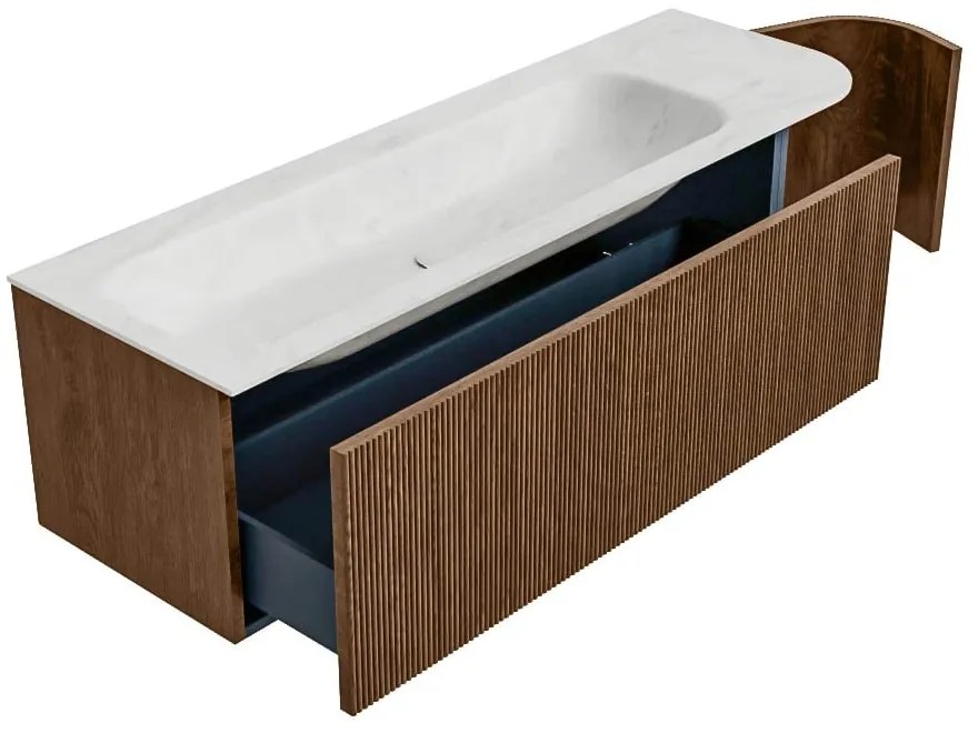 Mondiaz Kurve-dlux 145cm badmeubel ronding rechts walnut met 1 lade en deur en wastafel big large links 2 kraangaten opalo
