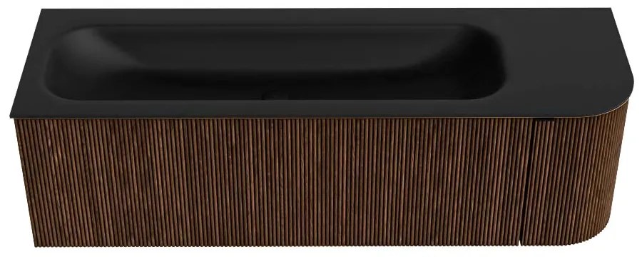 Mondiaz Kurve 145cm badmeubel ronding rechts walnut met 1 lade en deur en wastafel big large links 2 kraangaten urban