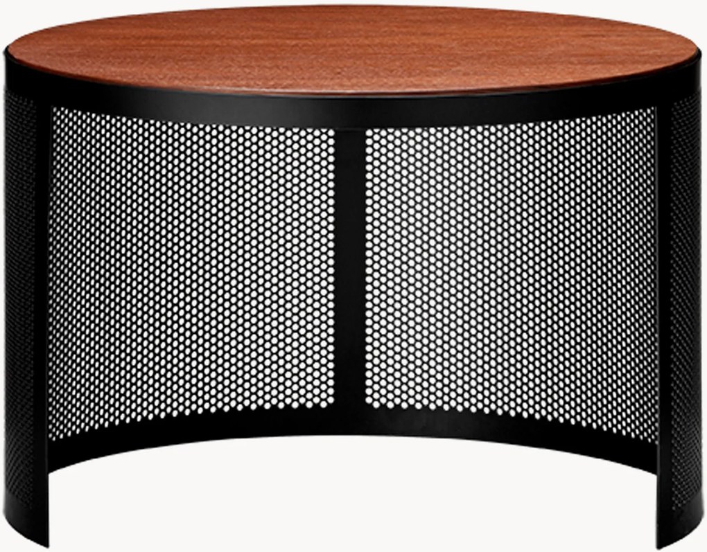 Ronde metalen bijzettafel Pausilius met houten tafelblad