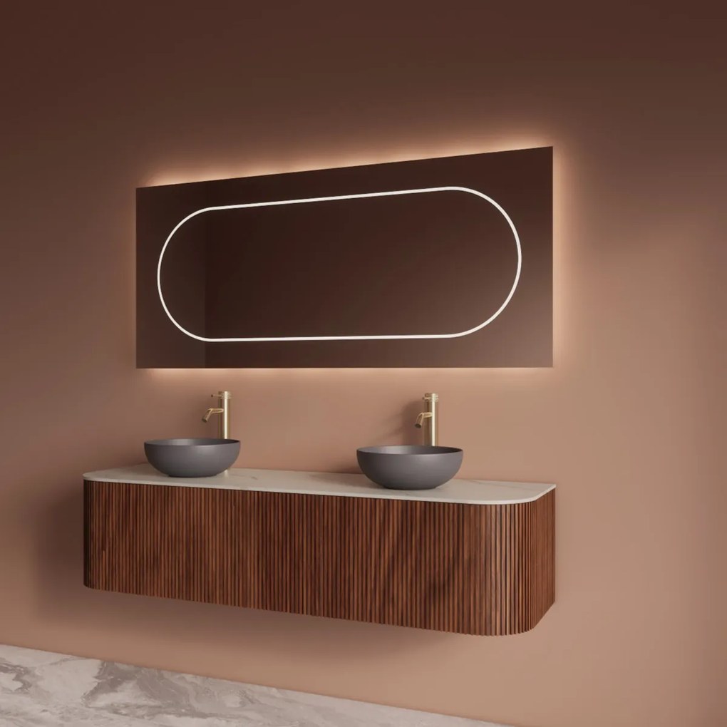 Gliss Design Alluro badmeubel ribbelfront met ronding links/rechts 160cm walnut en wit marmer toppaneel
