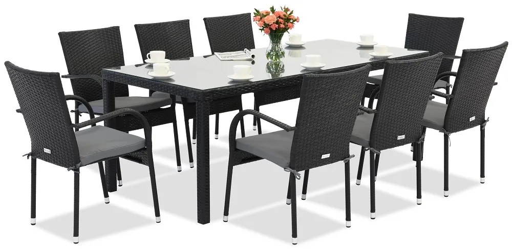 Milan technorattan tuinmeubelen voor 8 personen met grote Garden Point tafel zwart