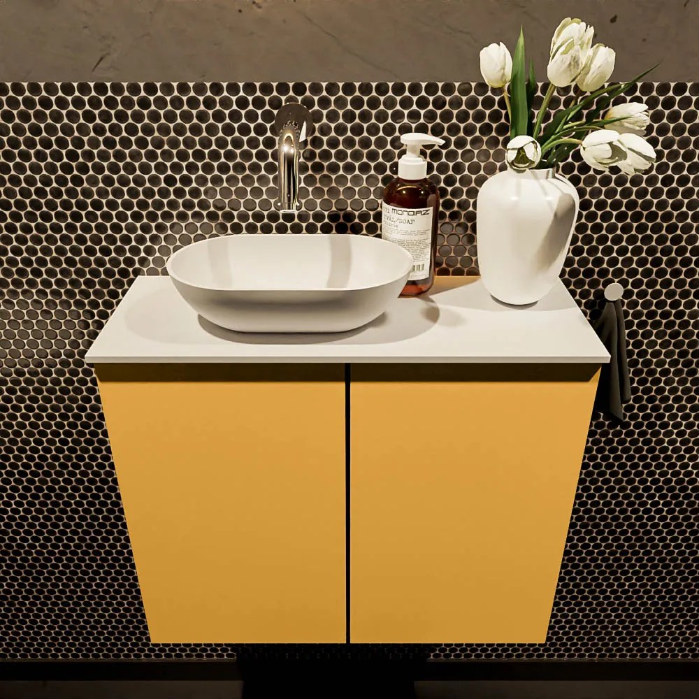 Mondiaz Fowy toiletmeubel 60cm ocher met witte waskom links zonder kraangat