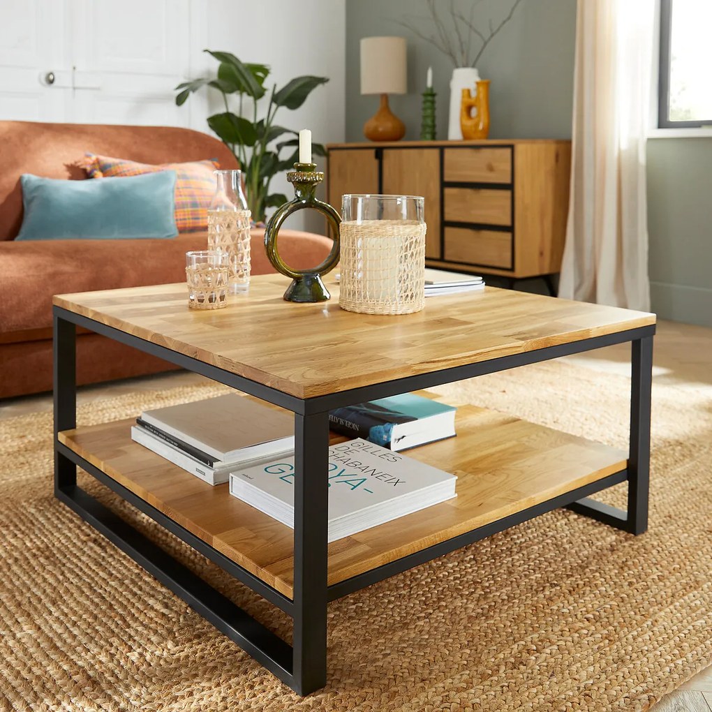 Vierkante salontafel van massief eikenhout en staal, HIBA