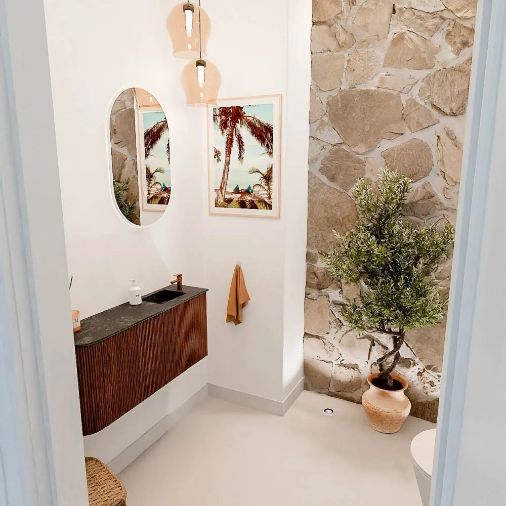 Mondiaz Joya DLux 90cm toiletmeubel ronding links ruby met wastafel faye rechts 1 kraangat lava