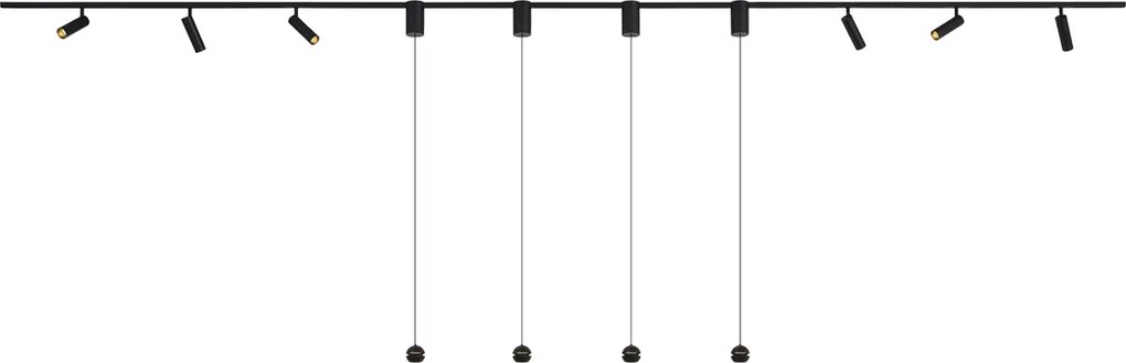Modern railsysteem zwart met 6 spots en 4 hanglampen easylift 1-fase - Slimline Uzzy Tira
