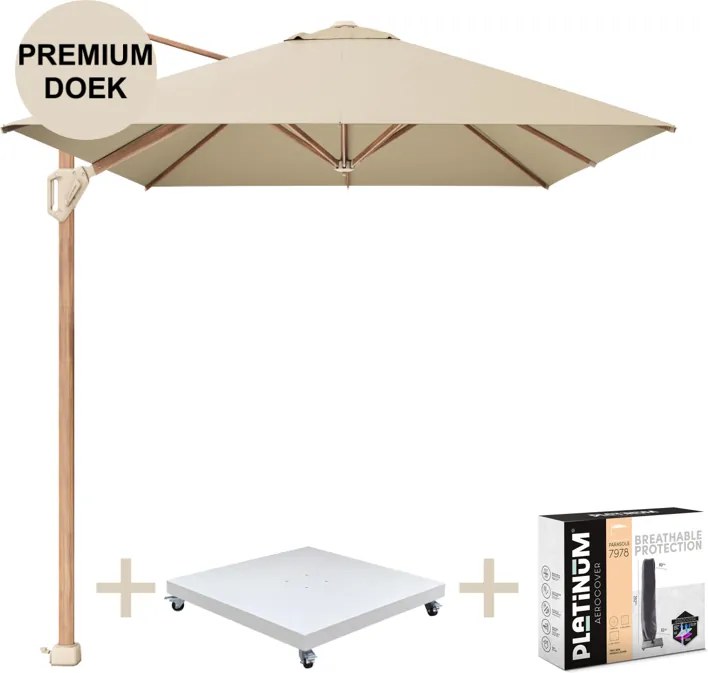 Challenger T1 premium parasol 400x300 cm teak champagne met zandkleur 120 KG voet en hoes
