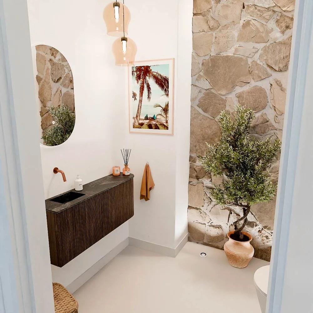 Mondiaz Joya DLux 100cm toiletmeubel ronding rechts walnut met wastafel faye links zonder kraangat lava