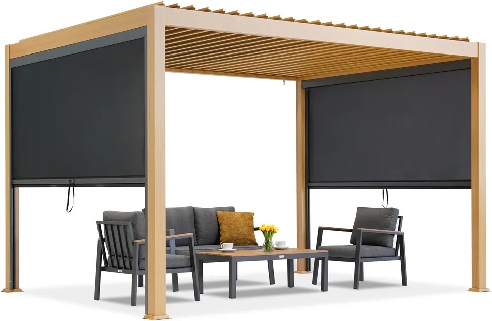 Lagos 3x4 vrijstaande terraspergola met 3m Garden Point houten zijrolluiken - antraciet