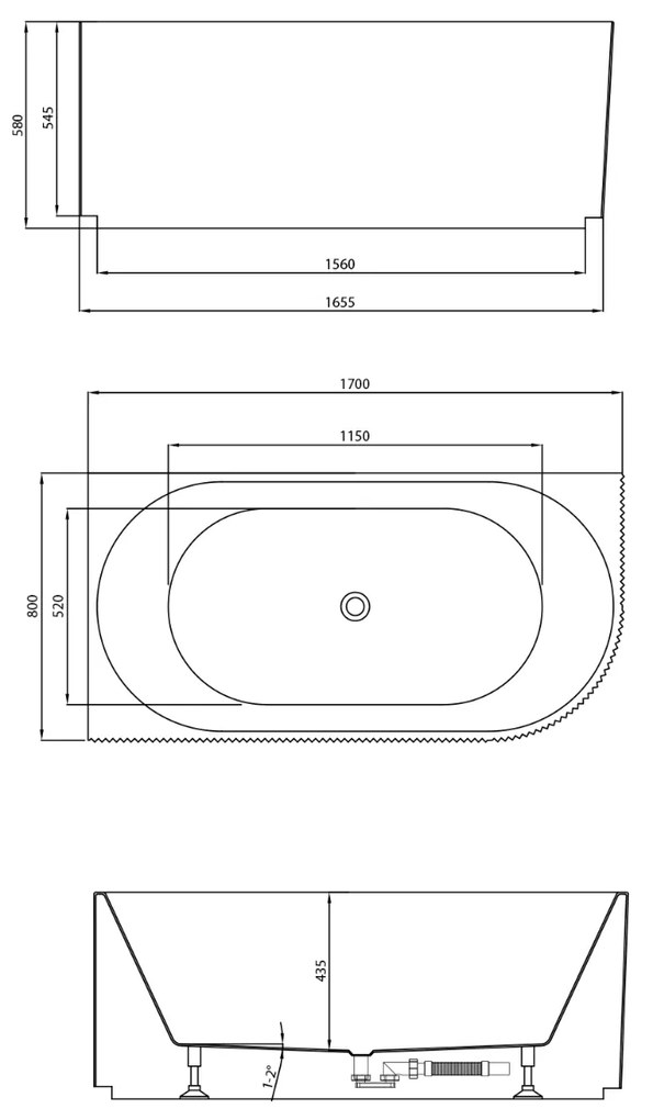 Aqualine Tibera hoekbad links met ribbel 170x80cm wit