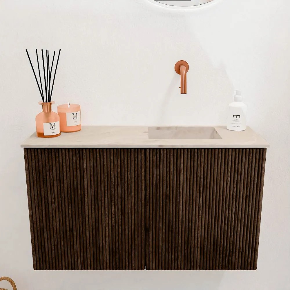 Mondiaz Joya DLux 70cm toiletmeubel walnut met wastafel faye rechts zonder kraangat frappe