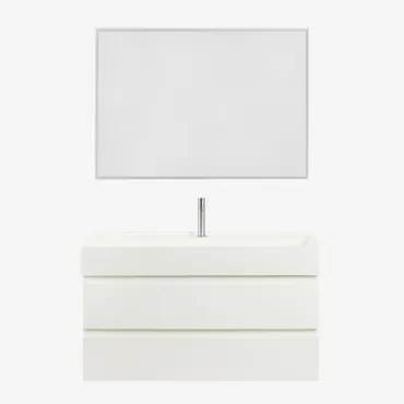 Badkamermeubelset Van Hout En Essenhoutfineer Met Geïntegreerde Wastafel Ona Wit & Rechthoekige Led En Anticondens 100x70 Cm Riben & Geborsteld -