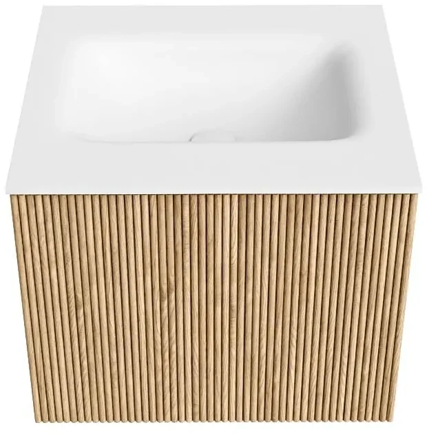 Mondiaz Kurve 50cm badmeubel oak met 1 lade en wastafel grunne midden 1 kraangat