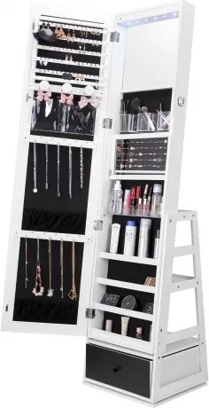 VEVOR Sieradenkast met spiegel, 360° draaibare staande spiegel met opbergruimte, afsluitbare organizer met spiegel over de hele lengte, fluwelen voering en lade met led-verlichting, vrijstaande sieradenkast
