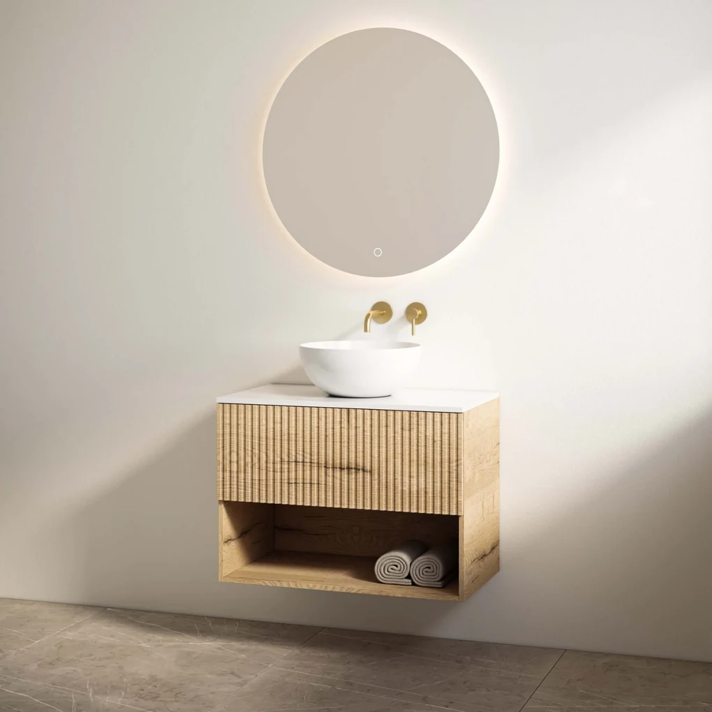 Best Design Rigatti badmeubel 78cm eiken met ribbelfront en wit glans topblad