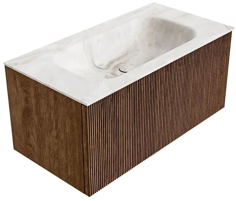 Mondiaz Kurve-dlux 90cm badmeubel walnut met 1 lade en wastafel big small midden 1 kraangat frappe