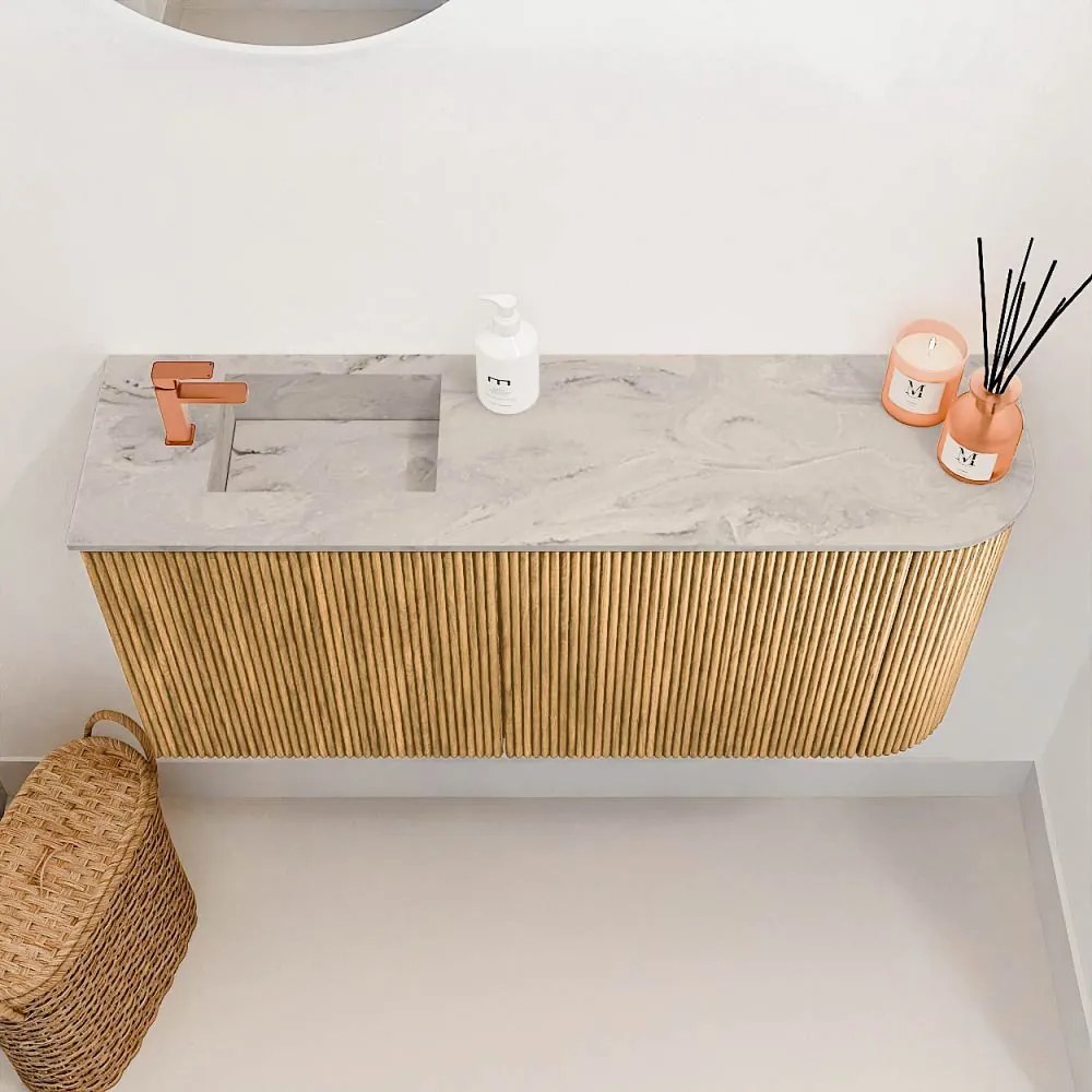 Mondiaz Joya DLux 90cm toiletmeubel ronding rechts oak met wastafel faye links 1 kraangat glace