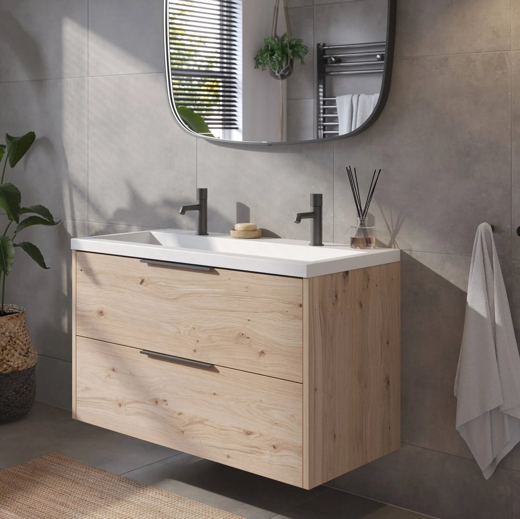 Saqu Lima badmeubel incl. mat witte wastafel met 2 kraangaten 100x52x64cm naturel eiken – mat zwarte greep