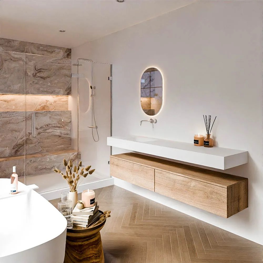 Zaro Alan badmeubel 190cm washed oak 2 lades met vrijhangende wastafel cloud links zonder kraangat talc