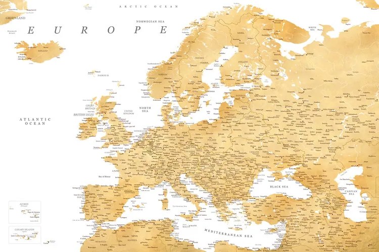 Kaart Detailed map of Europe in gold, Blursbyai