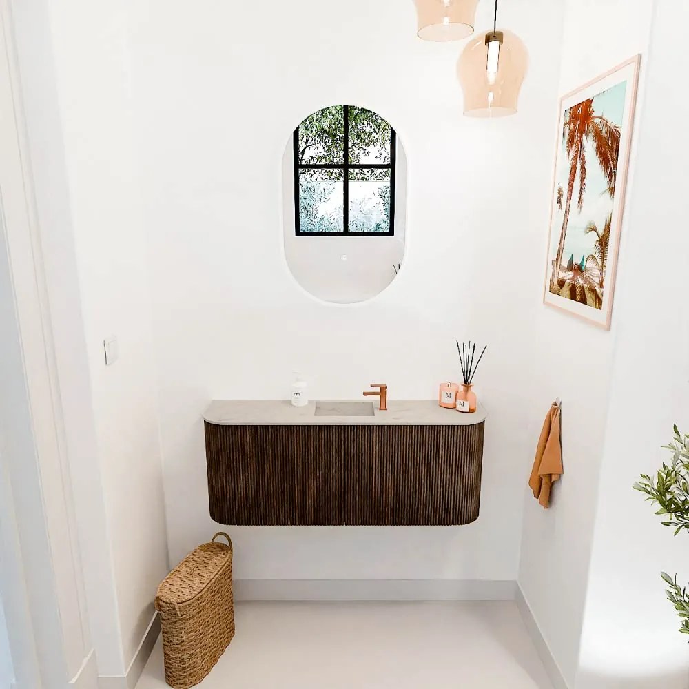 Mondiaz Joya DLux 105cm toiletmeubel ronding links/rechts walnut met wastafel faye midden 1 kraangat opalo
