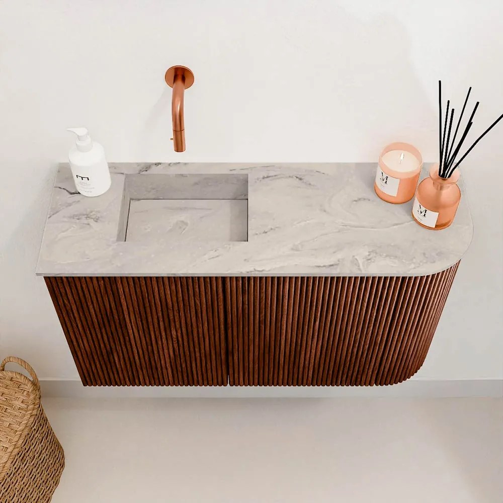 Mondiaz Joya DLux 70cm toiletmeubel ronding rechts ruby met wastafel faye links zonder kraangat glace