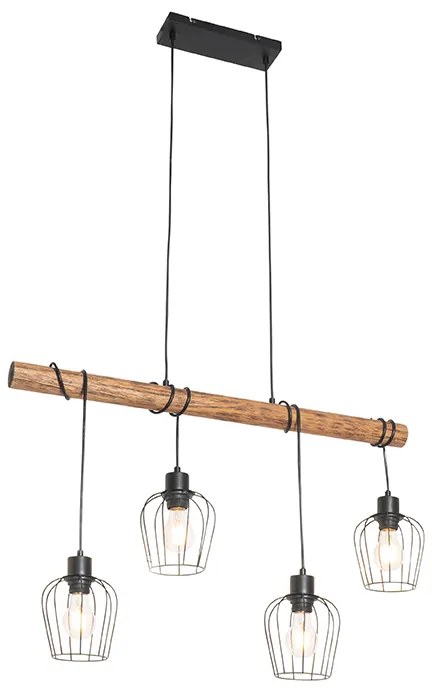 Smart hanglamp zwart met hout incl. 4 Wifi A60 - Stronk