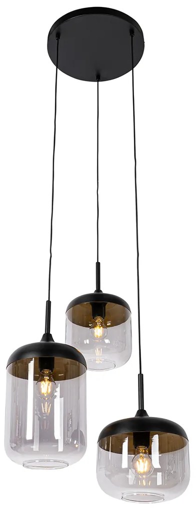 Hanglamp zwart met goud en smoke glas 3-lichts rond - Kyan