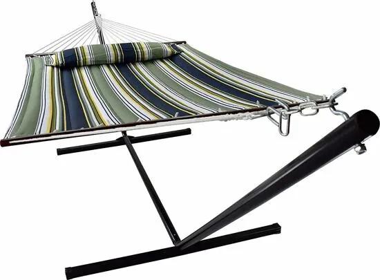 Hangmat met standaard, tot 2 personen / 200kg, 190 * 140, afneembaar kussen, weerbestendig UV-bestendig (donkerblauw / donkergroen