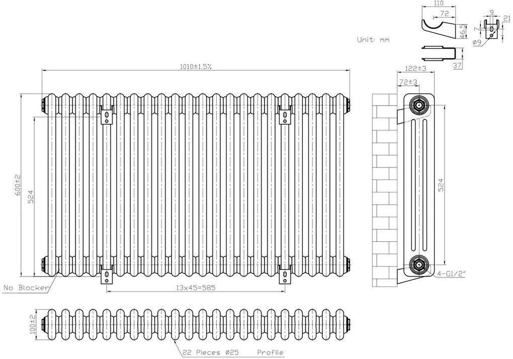 Eastbrook Imperia 3 koloms radiator 100x60cm 2079W antraciet