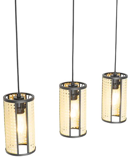 Oosterse hanglamp zwart met rotan 3-lichts langwerpig - Akira