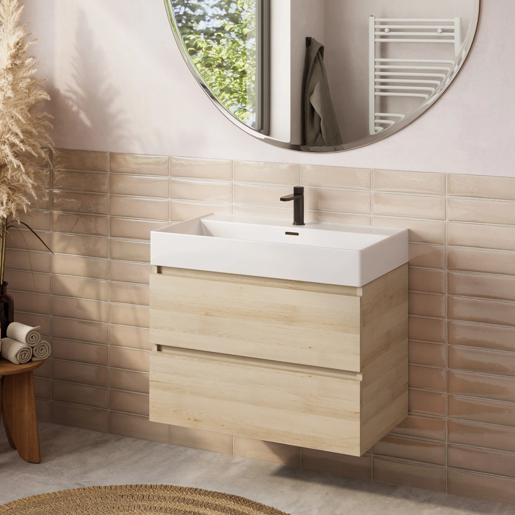 Plieger Kansas badmeubel 80cm met glans witte wastafel en kraangat beach eiken
