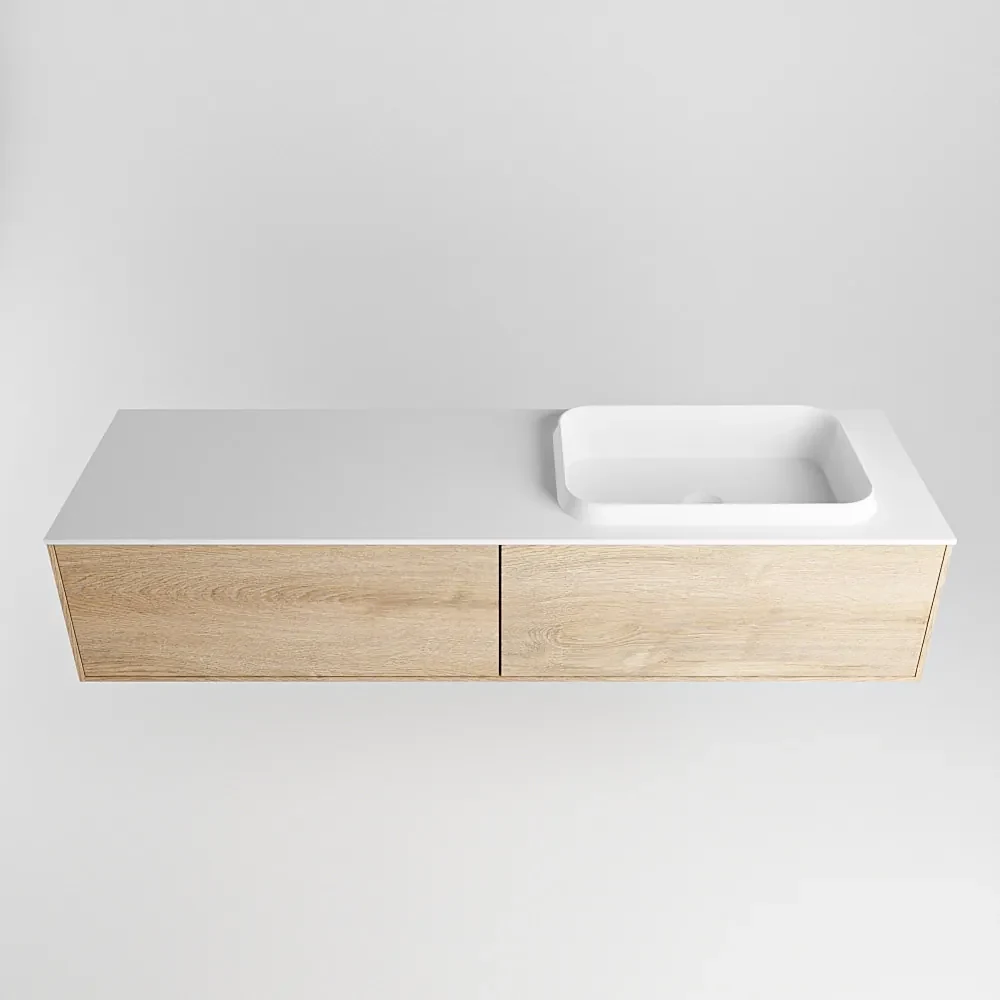 Mondiaz Erin 150cm badmeubel Washed Oak met 2 lades en witte wastafel rechts zonder kraangaten