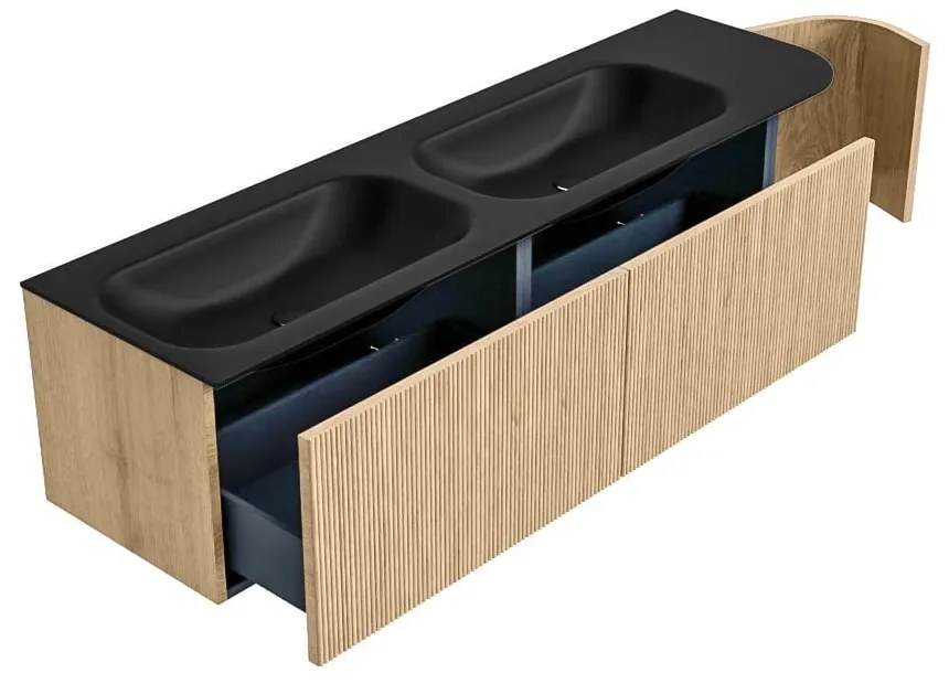 Mondiaz Kurve 165cm badmeubel ronding rechts oak met 2 lades en 1 deur en wastafel big small dubbel/links zonder kraangat urban