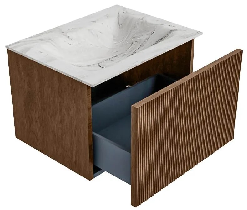 Mondiaz Kurve-dlux 60cm badmeubel walnut met 1 lade en wastafel cloud midden zonder kraangat glace