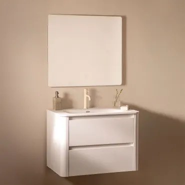 Egerton Zwevend Houten Badkamermeubelset Met Geïntegreerde Wastafel Wit & Rechthoekige Led En Anticondens 80x70 Cm Riben & Tapioca Beige - Sklum