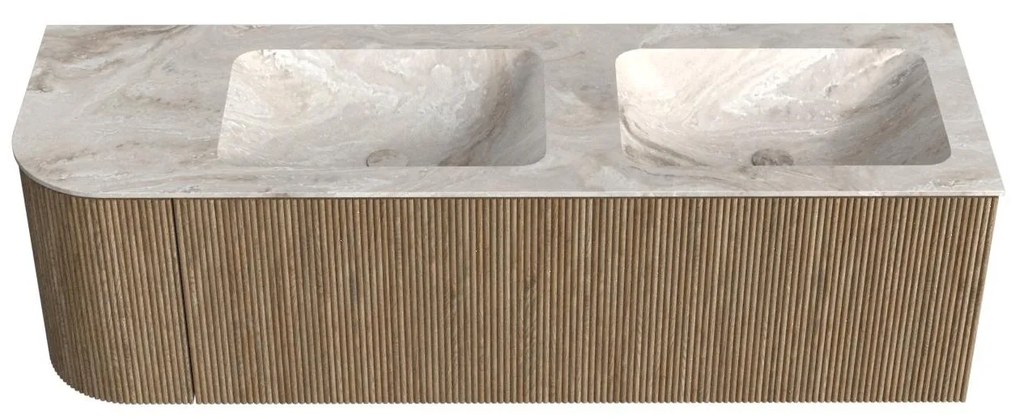 Mondiaz Kurve-dlux 145cm badmeubel ronding links dusk met 1 lade en deur en wastafel leaf dubbel/rechts zonder kraangat frappe