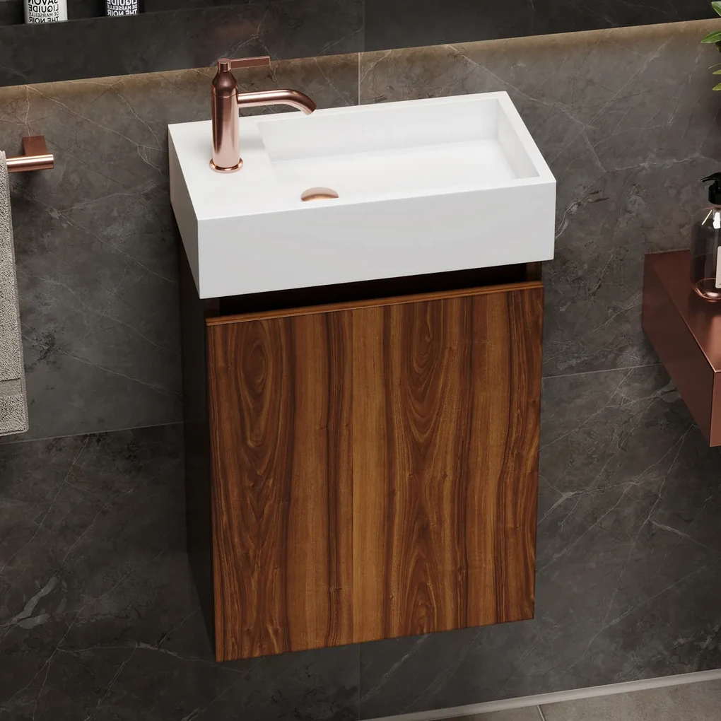 Fontana Alaska toiletmeubel walnoot 40x22cm met solid surface fontein ...