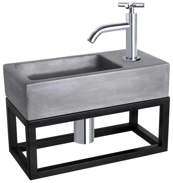 Differnz Ravo fonteinset - 38.5x18.5x25cm - Rechthoek - 1 kraangat - Gebogen chromen kraan - met zwart frame - kruisgreep - beton donkergrijs 38.402.10