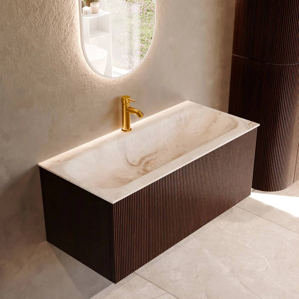 Mondiaz Kurve-dlux 100cm badmeubel ruby met 1 lade en wastafel big medium midden 1 kraangat frappe