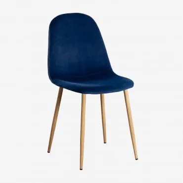 Set Van 4 Glamm Fluwelen Eetkamerstoelen Blauw & Natuurlijk Hout - Sklum