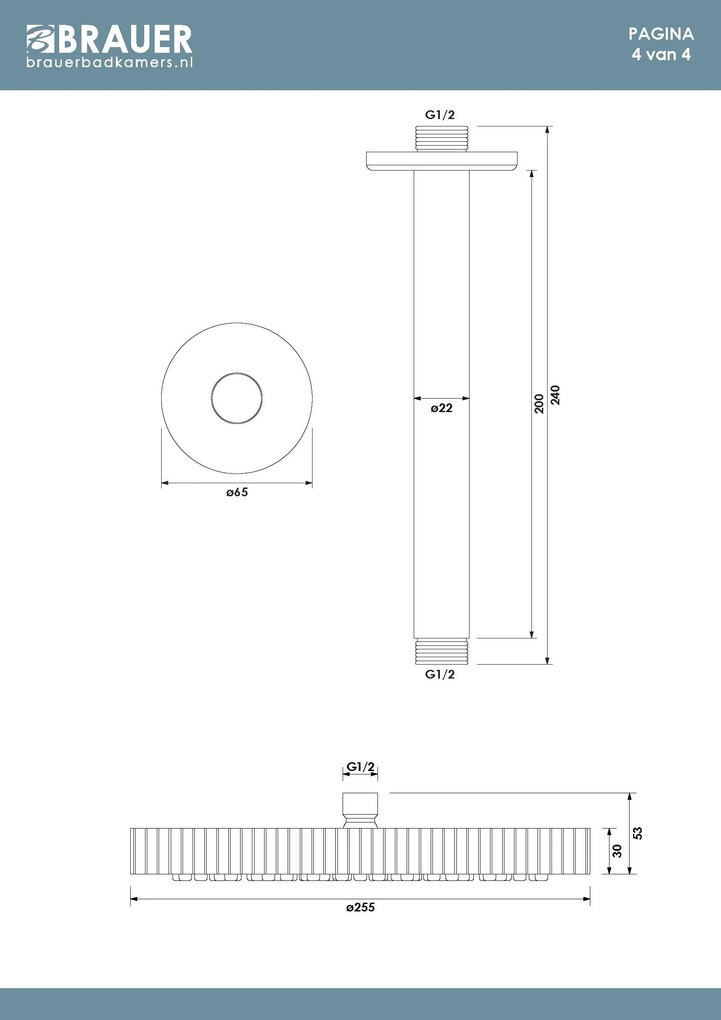 Brauer Stripe inbouw regendouche rond met 25cm hoofddouche, plafondarm en staafhanddouche set 39 messing geborsteld PVD